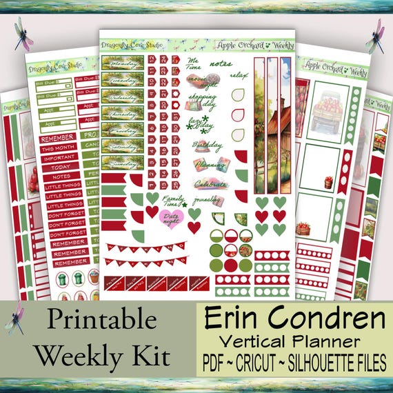 Erin Condren Vertical Planner Weekly Printable Stickers Kit – Charming Apple Orchard | Silhouette & Cricut Cut Files + PDF for Hand Cutting