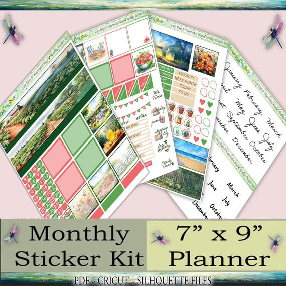 7x9 Planner Printable Stickers Monthly Kit | Lazy Days & Watermelon Ways | Silhouette, Cricut Cut Files + PDF