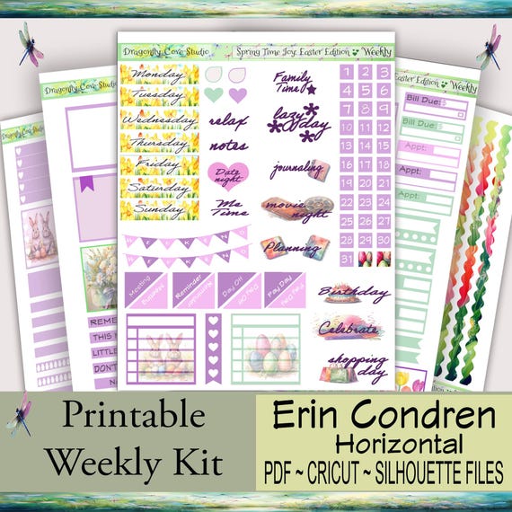 Erin Condren Horizontal Planner Printable Stickers Weekly Kit | Easter Theme | Silhouette & Cricut Cut Files + PDF for Hand Cutting