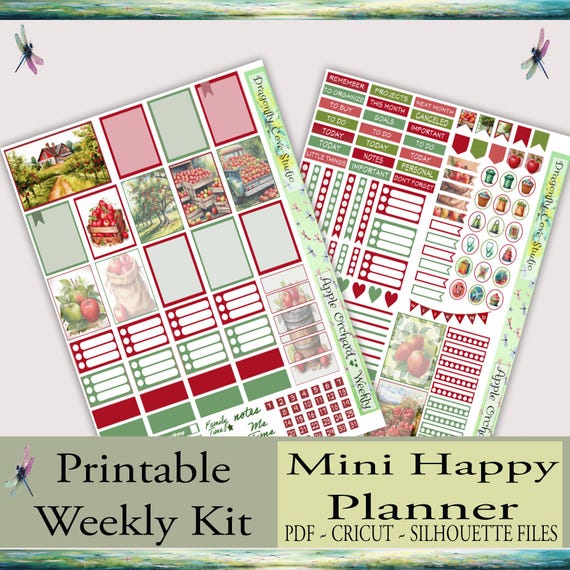 Mini Happy Planner Weekly Printable Stickers Kit - Charming Apple Orchard: Silhouette & Cricut Cut Files and PDF for Hand Cutting
