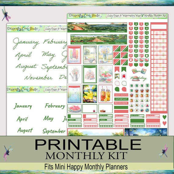 Mini Happy Planner Monthly Kit | Cottagecore Lazy Days & Watermelon Ways (Silhouette, Cricut, PDF)