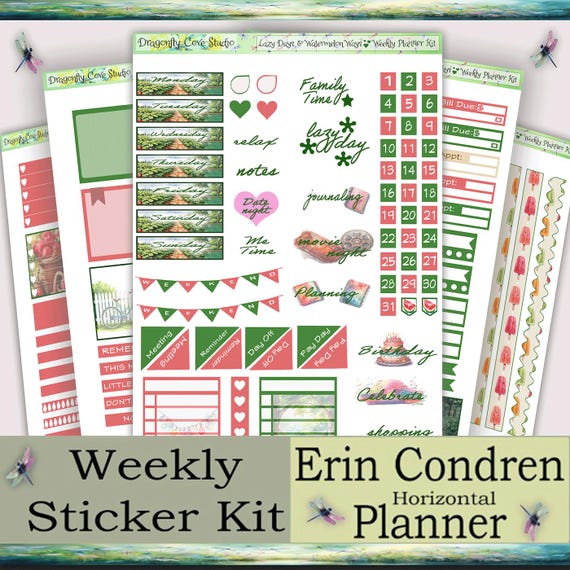 Erin Condren Horizontal Planner Stickers Weekly Kit | Lazy Days & Watermelon Ways | Printed, Shipped