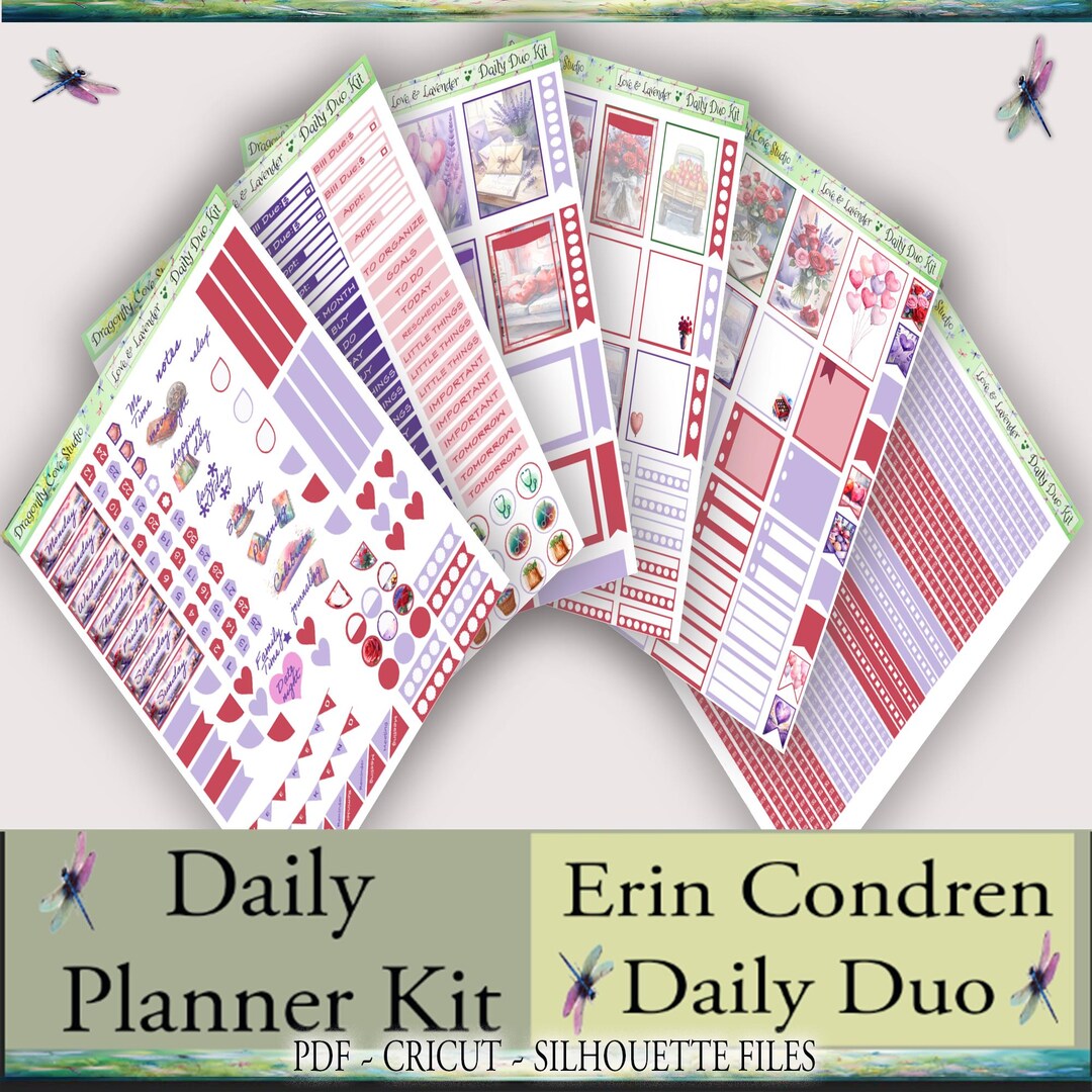 Erin Condren Daily Duo Planner Printable Stickers Kit: Love & Lavender ...