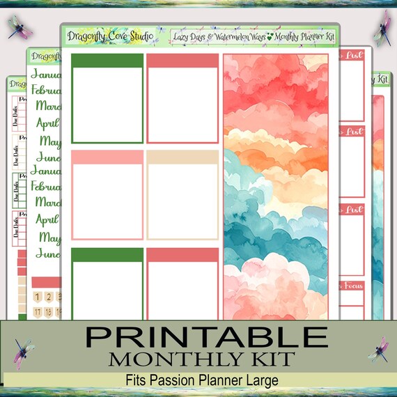 Passion Planner Large | Monthly Kit | Digital | Lazy Days & Watermelon Ways | Silhouette, Cricut, PDF
