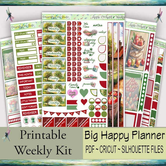 Big Happy Planner Weekly Printable Planner Stickers Kit – Charming Apple Orchard | Silhouette & Cricut Cut Files + PDF for Hand Cutting