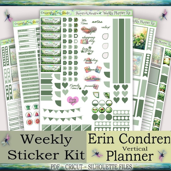 Erin Condren Vertical Planner Printable Stickers Weekly Kit | Shamrock Meadow | Silhouette + Cricut Cut Files + PDF for Hand Cutting