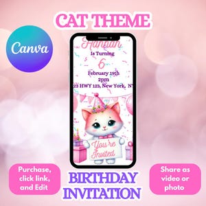 Animated Cat Party Invitation Template - Kitty Party Invitation Template - Furtastic Cat Birthday Invitation Template