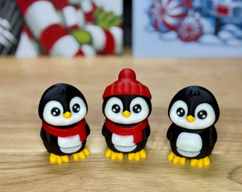 Articulated Penguin Figurine 3D Printed | Cute Winter Penguin with Beanie or Scarf | Poseable Desk Toy | Christmas Decor | Holiday Gift