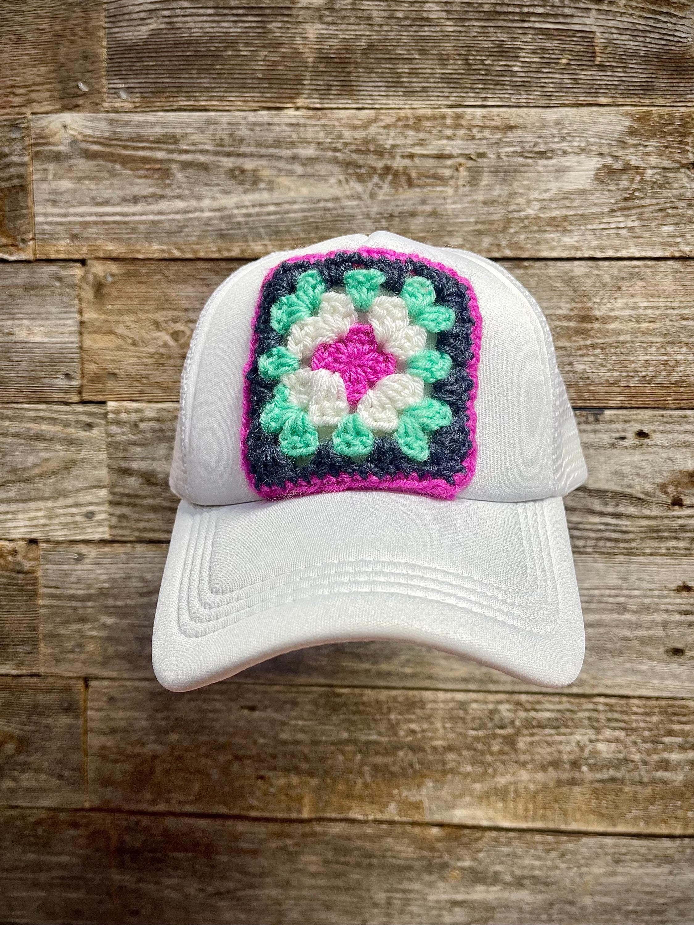 OOAK Pink Boho Granny Square Trucker Hat | Handmade Crochet Snapback Trucker Hat With Crochet Granny Square Patch, Cute Baseball  main image 3
