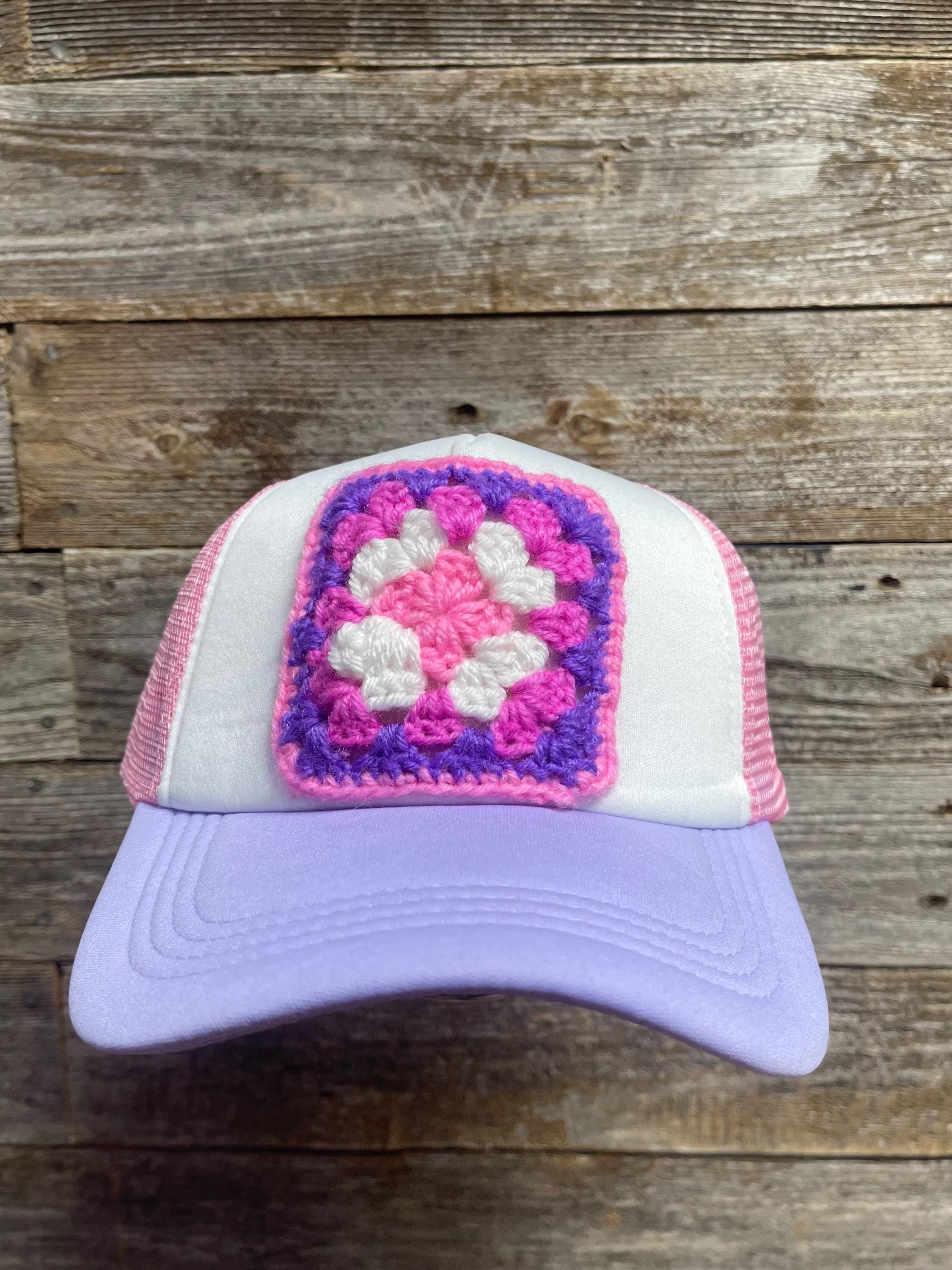 Lavender Lace Crochet Patch Trucker Hat, Purple And Pink, Upcycled Handmade Lavender Checker Back Trucker Hat - Texas Transfers and Designs main image 2