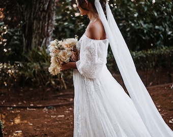 Boho-bruidssluier, zachte gedrapeerde sluier, zijden chiffon bruidssluier