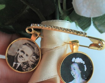 Gepersonaliseerde bruidsboeketbedel, boutonnière-speld bruiloft, aangepaste foto reversspeld, goud