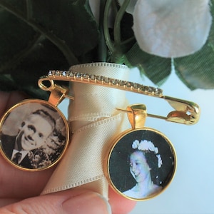 Personalized Bridal Bouquet Charm, Wedding Boutonniere Pin, Custom Photo Lapel Pin, Gold