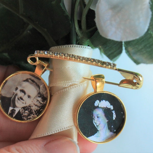 Personalized Bridal Bouquet Charm, Wedding Boutonniere Pin, Custom Photo Lapel Pin, Gold