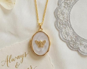 Fotomedaillonketting, cadeau bloemenmeisje, vlinderhanger met spiegel