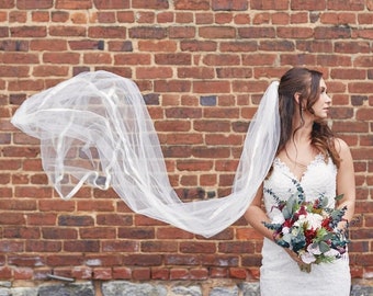 Wedding Veil with Satin Ribbon Trim, Ivory Wedding Veil, White Wedding Veil