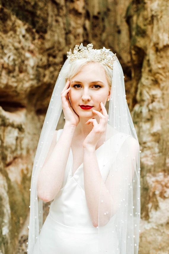 Alexis - one layer cathedral length veil with scattered pearls & crystals
