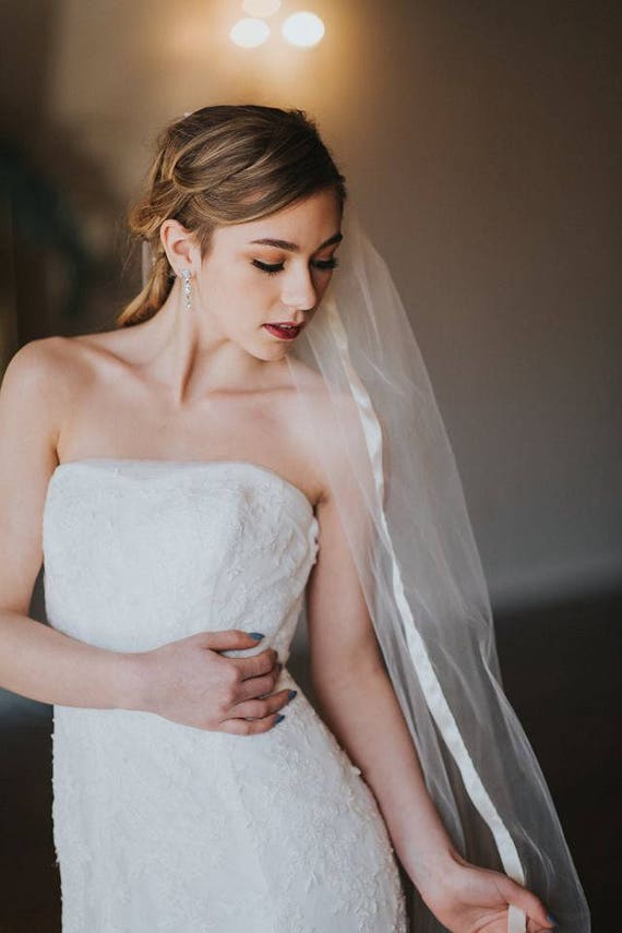 Wedding Veil With Satin Ribbon Trim, Ivory Wedding Veil 