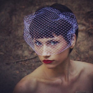 May include: A woman with short, dark hair wears a white birdcage veil with a fine mesh pattern. She is wearing red lipstick and has a neutral expression.