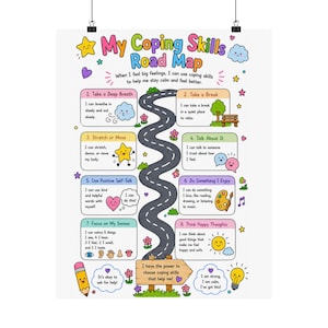 May include: A colourful educational poster titled My Coping Skills Road Map featuring a winding grey road with eight numbered boxes. Each box lists strategies like taking a deep breath, stretching, and positive self-talk, decorated with stars and clouds.