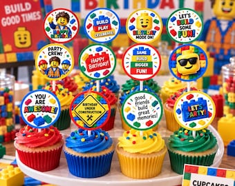 May include: A set of twelve round cupcake toppers featuring colorful building block graphics and text including "Happy Birthday," "Let's Build Some Fun," "You Are Awesome," "Birthday Under Construction," and "Let's Party" on white sticks.