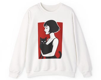 Woman Holding Black Cat sweatshirt | Retro Noir Illustration