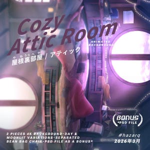 May include: An animated background image with the text "Cozy Attic Room" in a purple hue. The image features a bean bag chair, a round window, and text in Japanese. The image also includes the text "BONUS *PSD FILE".