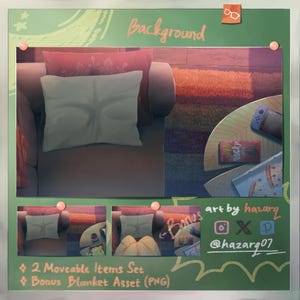 Puede incluir: Ilustración digital de una escena de sala de estar acogedora. Un sillón marrón con una almohada blanca y una almohada roja estampada. Una pequeña mesa exhibe una caja de bocadillos y una consola de juegos. El fondo presenta una alfombra colorida y la palabra "Background".