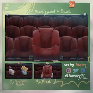 May include: Illustration of a movie theater with rows of red seats. The image includes a section labeled "Background + Seat" and smaller images of popcorn, drinks, and a single seat. Text reads "3x Popcorn Drink" and "4x Seat."