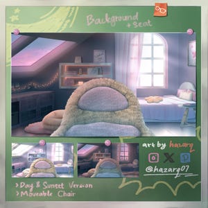 Può includere: Illustrazione di una scena di camera da letto accogliente con un grande sedile soffice, marrone chiaro e lavanda. La stanza presenta un letto, una finestra e una mensola con libri. Il testo sull'immagine recita "Background + Seat", "Day & Sunset Version" e "Moveable Chair".