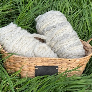 May include: A woven basket filled with fluffy, off-white wool roving sits in a bed of green grass. The basket has a rectangular shape with curved handles and a dark, rectangular tag on the front.