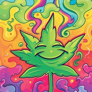 Könnte beinhalten: Eine farbenfrohe Cartoon-Illustration eines lächelnden grünen Cannabisblattes. Der Hintergrund ist eine lebendige Mischung aus Gelb, Orange, Rosa, Lila und Blau, mit wirbelnden rauchartigen Formen und regenbogenfarbenen Strömen.