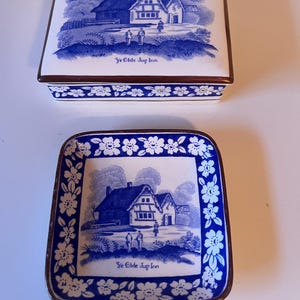Gray's Pottery Ceramic Box and Saucer – “The Old Jug Inn”, Gold Trim