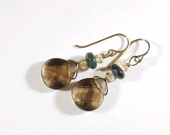 Smokey Quartz Faceted Teardrops, Moss Agate & Citrine Accents, Gold Filled Earwires, #1011