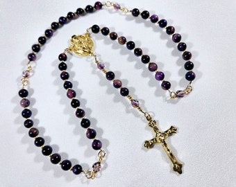 Purple Tinted Tiger Eye Rosary, Mother & Child center, Fleur-de-lis Crucifix, Gold Finish #2030