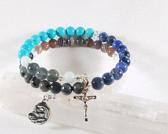 Gemstone Bracelet Rosary, Sterling Silver Crucifix and Mother & Child Medal, Memory Wire Bracelet, Multi-stone, #1029