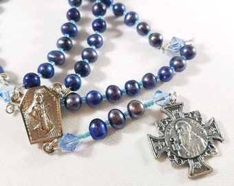 Blue Freshwater Pearl Rosary, St Benedict Cross, Medjugorie center medal, Swarovski crystals, Reversible, #1028