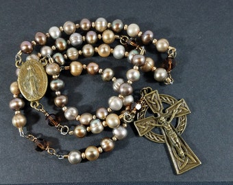 Bronze Freshwater Pearls Rosary, Bronze Celtic Crucifix, Miraculous Center Medal, Swarovski Crystals, #1036 Red Lily Gems