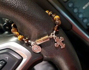 Safe Travels Prayer Charm, Tiger Eye, Holy Spirit, magnetic clasp, #2002