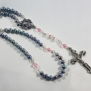 Peacock Freshwater Pearl Rosary, Fleur-de-lis Crucifix, Immaculate Heart center, Swarovski crystals, Rose Quartz, Antique Silver, #1040