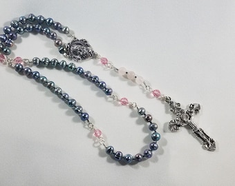 Peacock Freshwater Pearl Rosary, Fleur-de-lis Crucifix, Immaculate Heart center, Swarovski crystals, Rose Quartz, Antique Silver, #1040