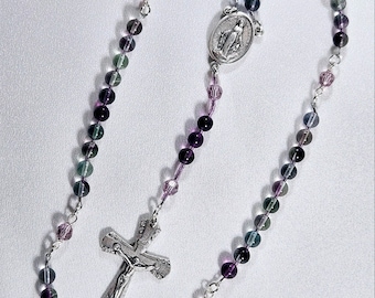 Multi-Color Fluorite Rosary, Our Lady of Grace Miraculous medal, Roses Crucifix, Pewter Finish, Swarovski Crystals, #2031