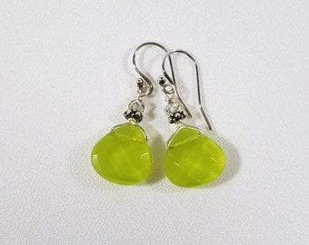 Lime Green Chalcedony Faceted Teardrops, with Swarovski Crystals, Sterling Silver, Earrings, #1078