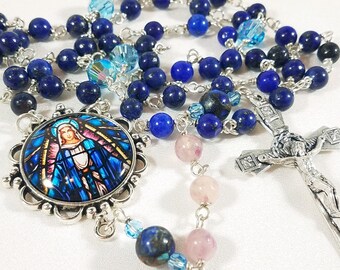 Lapis Gemstone Keepsake Rosary, Pewter Crown of Jesus Crucifix, Lady of Grace stained glass center, Swarovski Crystals,Argentium  wire,#1043