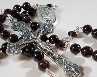 Saint Peregrine and Garnet Gemstone Rosary, Pewter Holy Trinity Crucifix, St Peregrine center medal, Patron Saint of Cancer, #1033