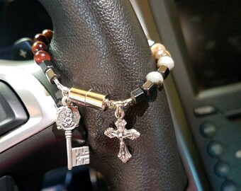 Lady of Carmel, Red Tiger Eye, Agate, Hematite: Travel Single Decade Gemstone Rosary, Car Rosary, Purse Rosary, protection, motivation,#1031