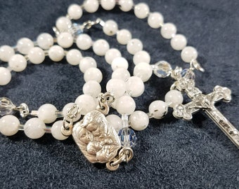 White Moonstone Rosary, First Communion Crucifix, Holy Family Center Medal, Swarovski Crystals, #R2000