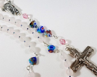 Rose Quartz Gemstone Rosary, Trinity Crucifix, Mother & Child center medal, Swarovski crystals, Millefiori Hearts, colorful, #1038