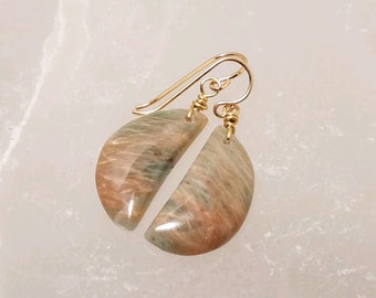 Half Moon, Peach Moonstone with Amazonite Earrings, #1001 Red Lily Gems