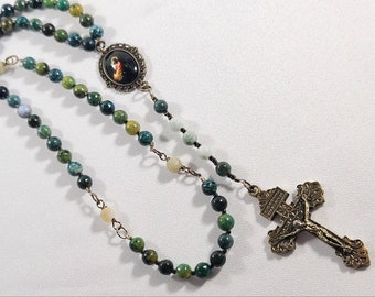 Chrysocolla and Jade Rosary, Praying Jesus center photo medal, Pardon Crucifix, Antique Brass finish, #2032